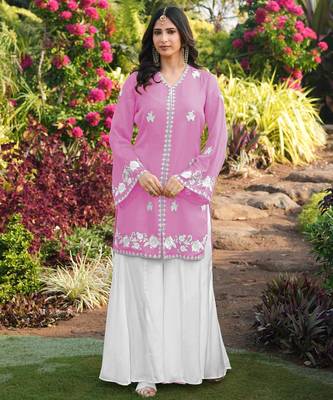 Light-pink embroidered modal satin straight cut kurta kalidar palazzo set 2
