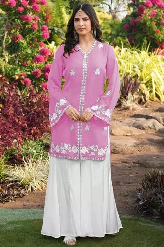 Light-pink embroidered modal satin straight cut kurta kalidar palazzo set