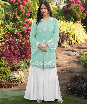 Light-green embroidered modal satin straight cut kurta 1