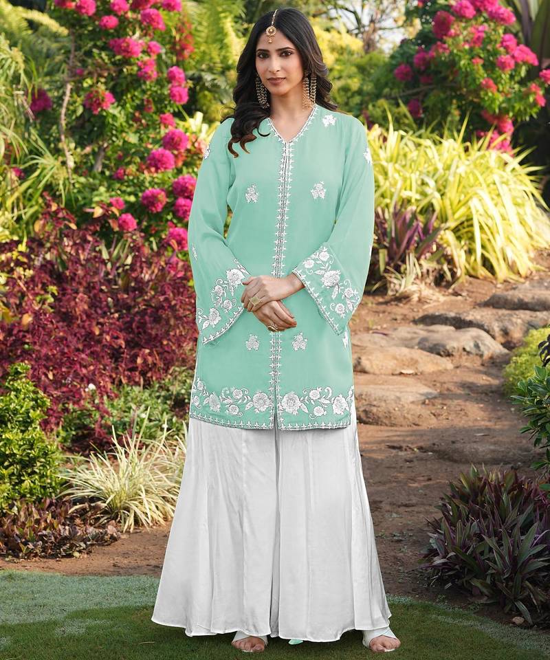 Light-green embroidered modal satin straight cut kurta