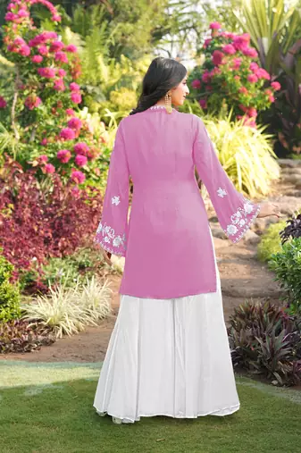 Light-pink embroidered modal satin straight cut kurta kalidar palazzo set