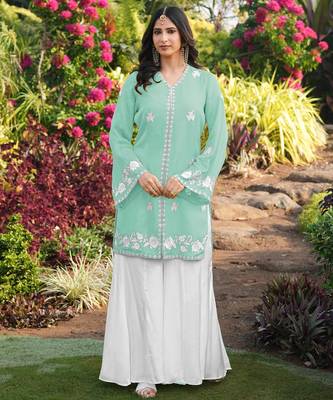Light-green embroidered modal satin straight cut kurta 2