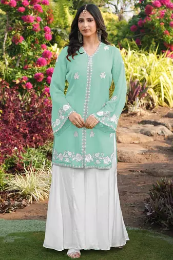 Light-green embroidered modal satin straight cut kurta kalidar palazzo set