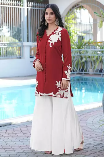 Maroon embroidered modal satin straight cut kurta