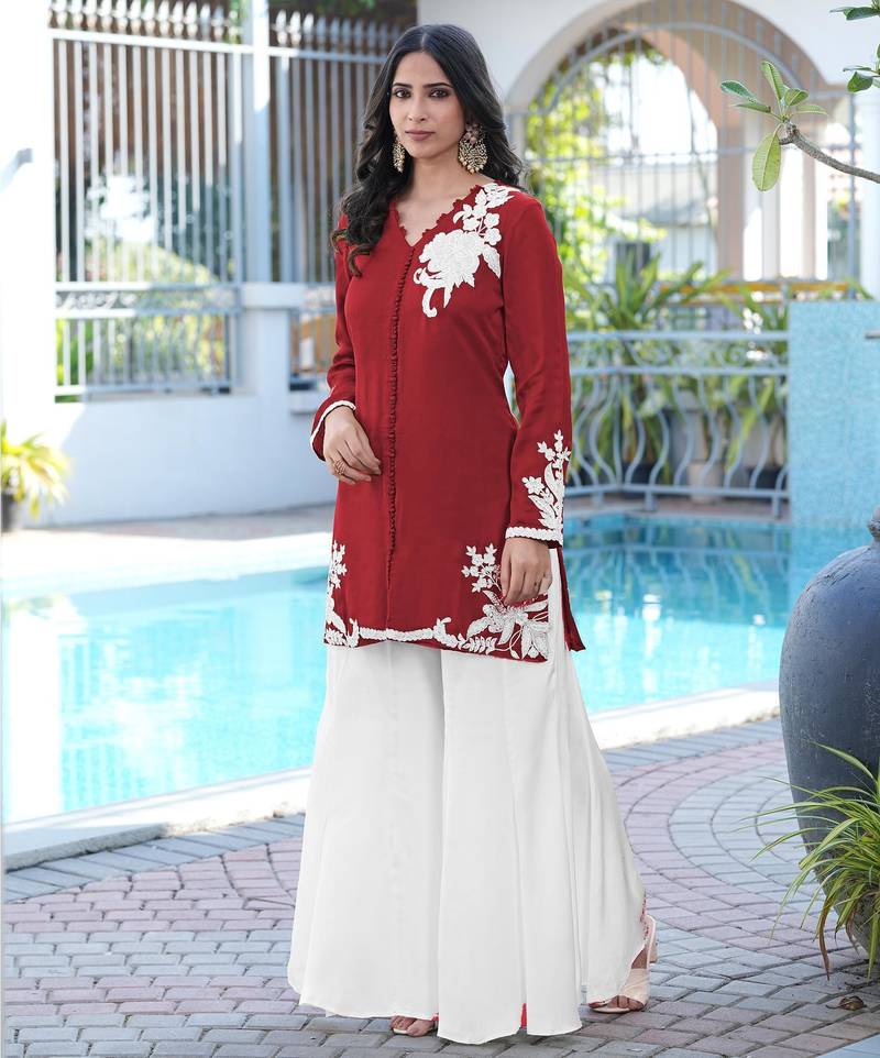 Maroon embroidered modal satin straight cut kurta