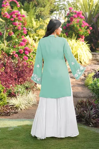 Light-green embroidered modal satin straight cut kurta kalidar palazzo set