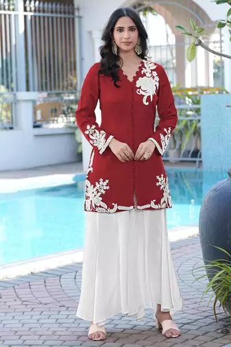 Maroon embroidered modal satin straight cut kurta kalidar palazzo set
