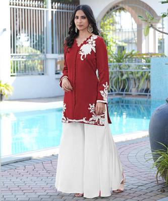 Maroon embroidered modal satin straight cut kurta kalidar palazzo set 2