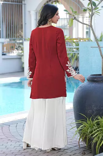 Maroon embroidered modal satin straight cut kurta kalidar palazzo set