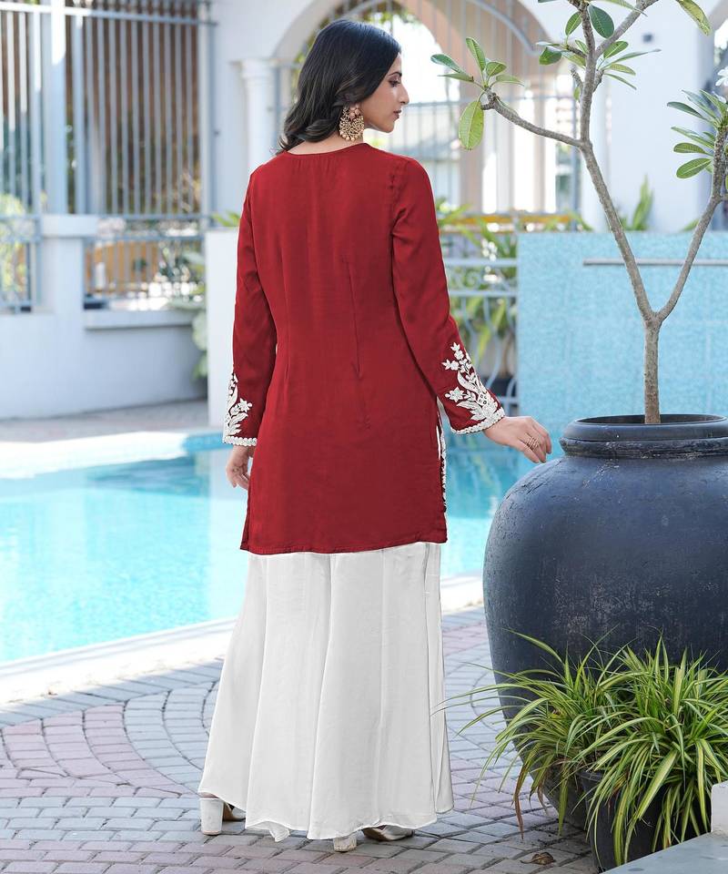 Maroon embroidered modal satin straight cut kurta kalidar palazzo set