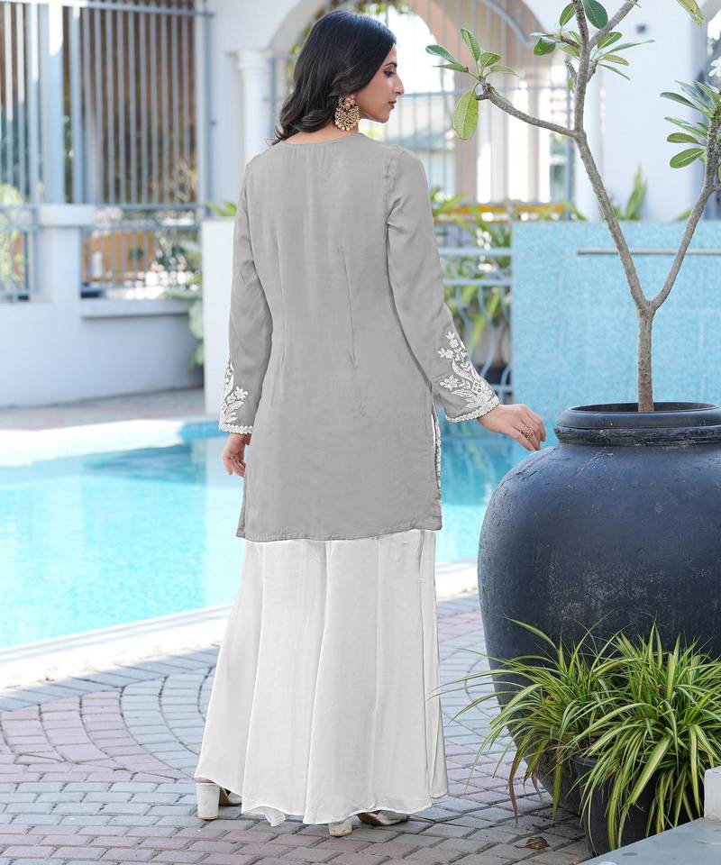 Grey embroidered modal satin straight cut kurta