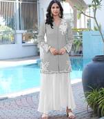 Grey embroidered modal satin straight cut kurta kalidar palazzo set