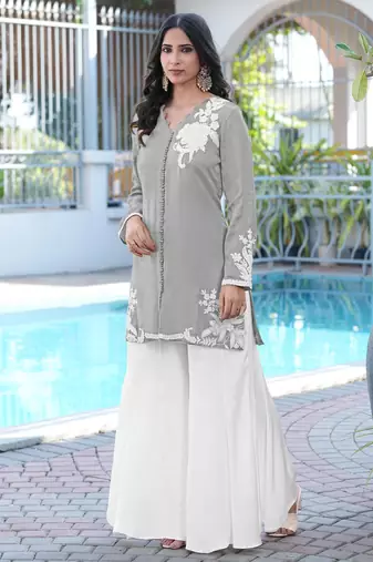 Grey embroidered modal satin straight cut kurta kalidar palazzo set