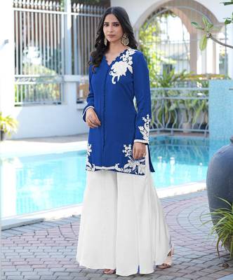 Royal-blue embroidered modal satin straight cut kurta 2
