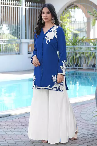 Royal-blue embroidered modal satin straight cut kurta