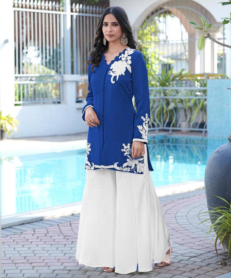 Royal-blue embroidered modal satin straight cut kurta