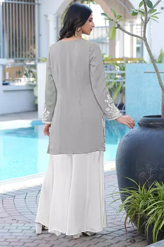 Grey embroidered modal satin straight cut kurta kalidar palazzo set