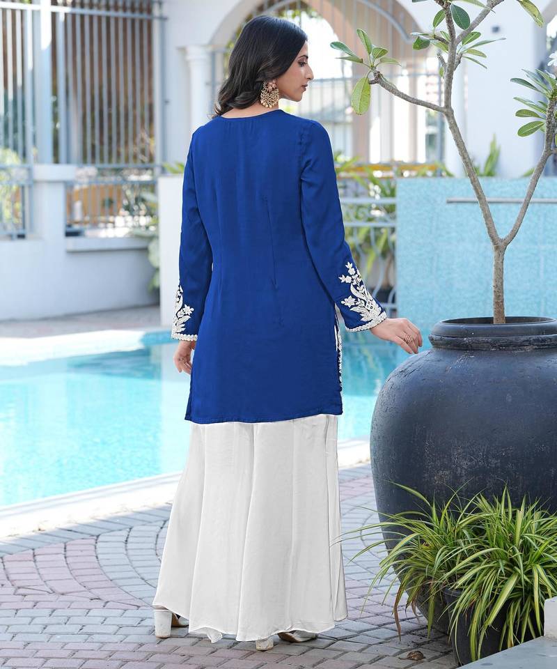 Royal-blue embroidered modal satin straight cut kurta