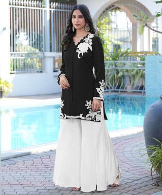 Black embroidered modal satin straight cut kurta 2
