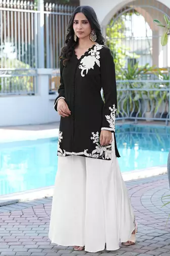 Black embroidered modal satin straight cut kurta