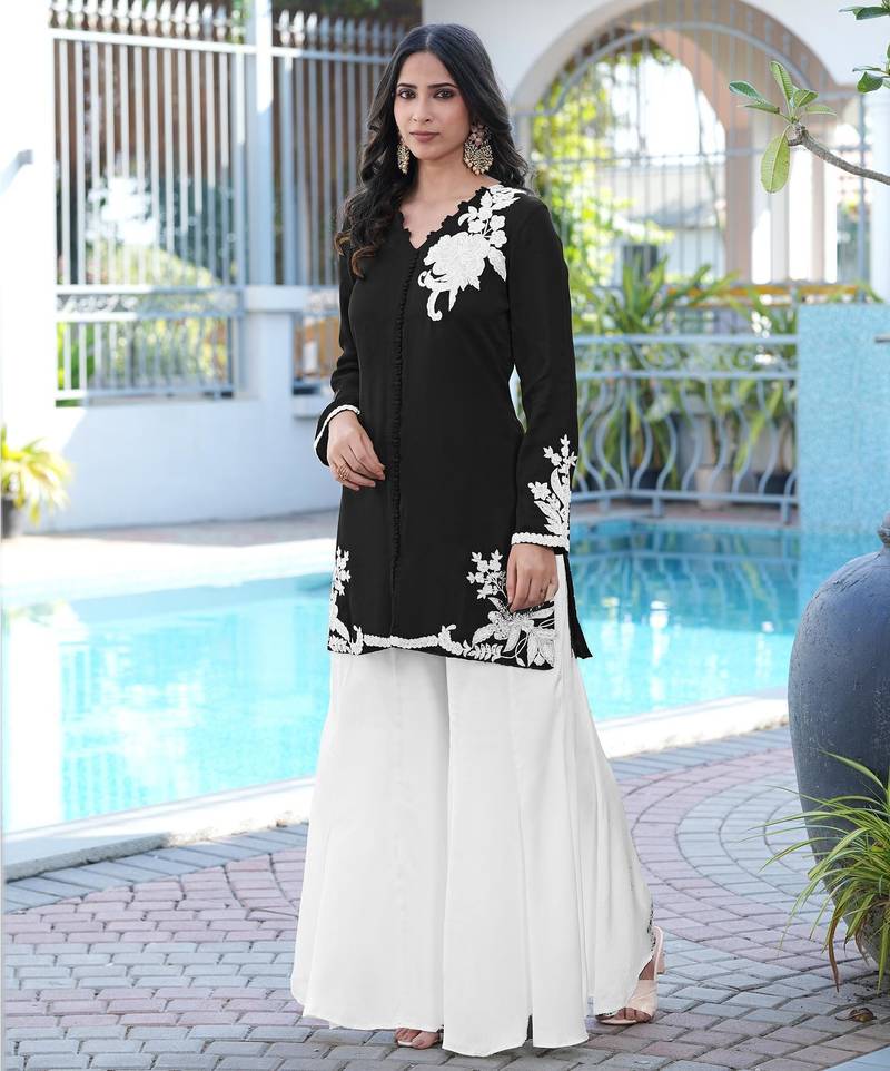 Black embroidered modal satin straight cut kurta