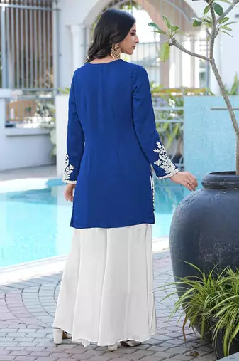 Royal-blue embroidered modal satin straight cut kurta kalidar palazzo set