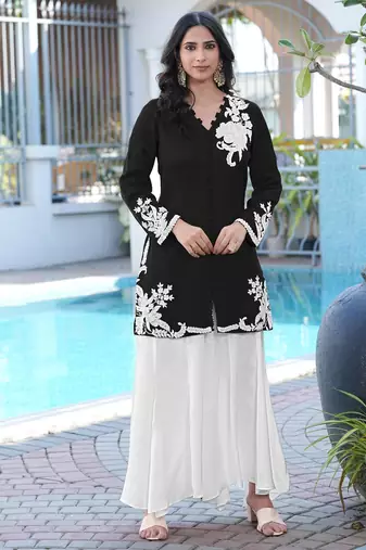 Black embroidered modal satin straight cut kurta kalidar palazzo set
