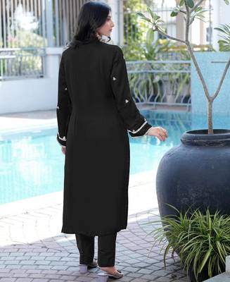 Black embroidered modal satin straight cut kurta 2