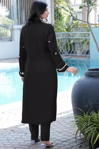 Black embroidered modal satin straight cut kurta
