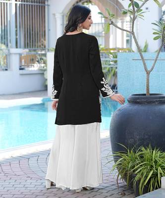 Black embroidered modal satin straight cut kurta kalidar palazzo set 3