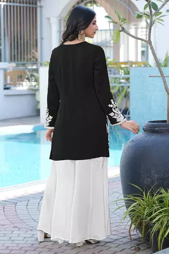 Black embroidered modal satin straight cut kurta kalidar palazzo set