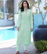 Light-green embroidered modal satin straight cut kurta