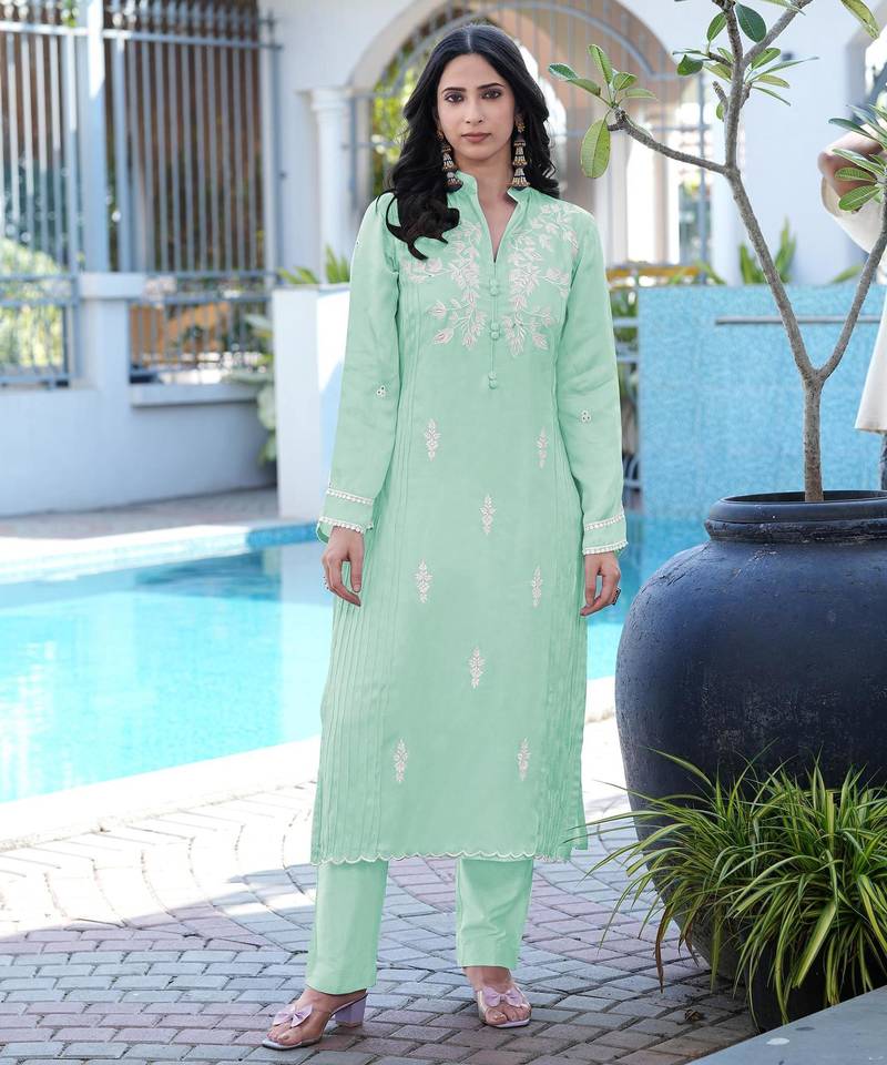 Light-green embroidered modal satin straight cut kurta