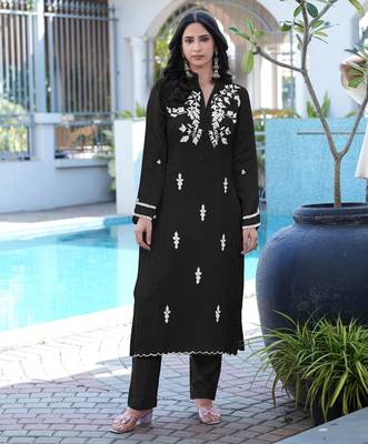 Black embroidered modal satin straight cut kurta pants set 1