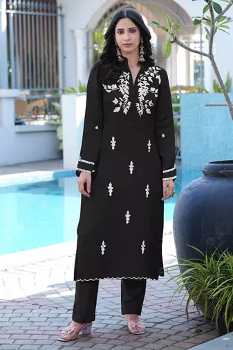 Black embroidered modal satin straight cut kurta pants set