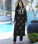 Black embroidered modal satin straight cut kurta pants set