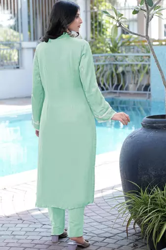 Light-green embroidered modal satin straight cut kurta pants set