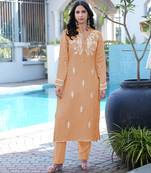 Light-brown embroidered modal satin straight cut kurta