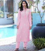 Light-pink embroidered modal satin straight cut kurta pants set