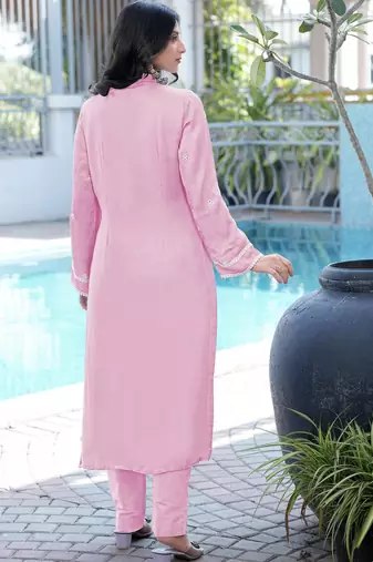 Light-pink embroidered modal satin straight cut kurta pants set