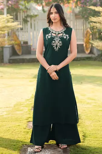 Dark-green embroidered art silk a line kurta