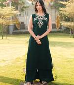 Dark-green embroidered art silk a line kurta