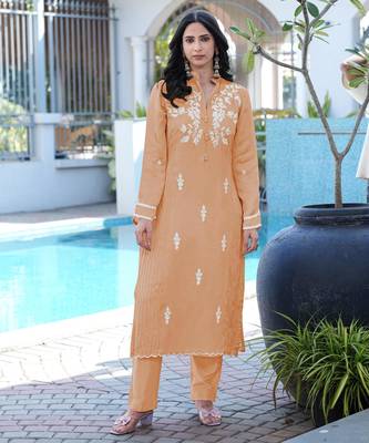 Light-brown embroidered modal satin straight cut kurta pants set 1