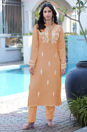 Light-brown embroidered modal satin straight cut kurta pants set