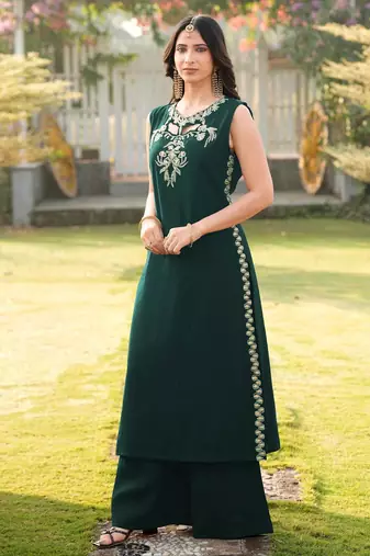 Dark-green embroidered art silk a line kurta