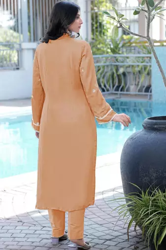 Light-brown embroidered modal satin straight cut kurta pants set