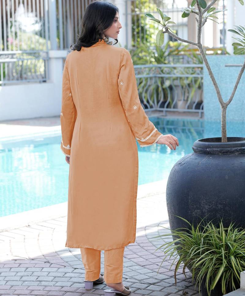Light-brown embroidered modal satin straight cut kurta pants set