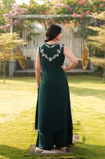 Dark-green embroidered art silk a line kurta