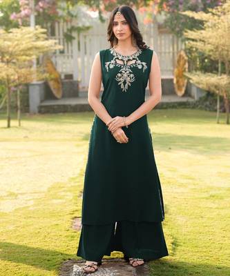 Dark-green embroidered art silk a line kurta palazzo set 1