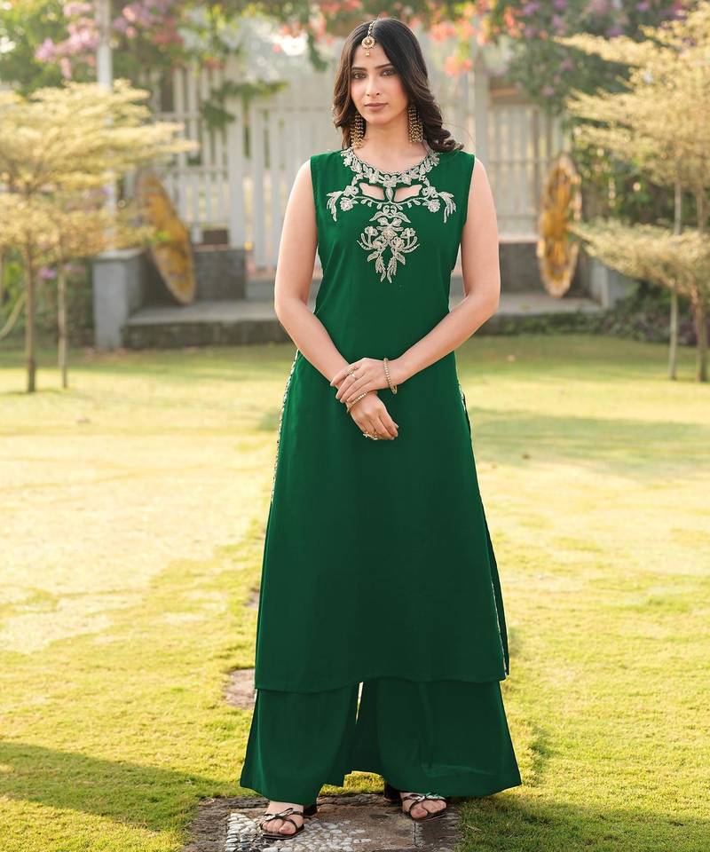 Green embroidered art silk a line kurta
